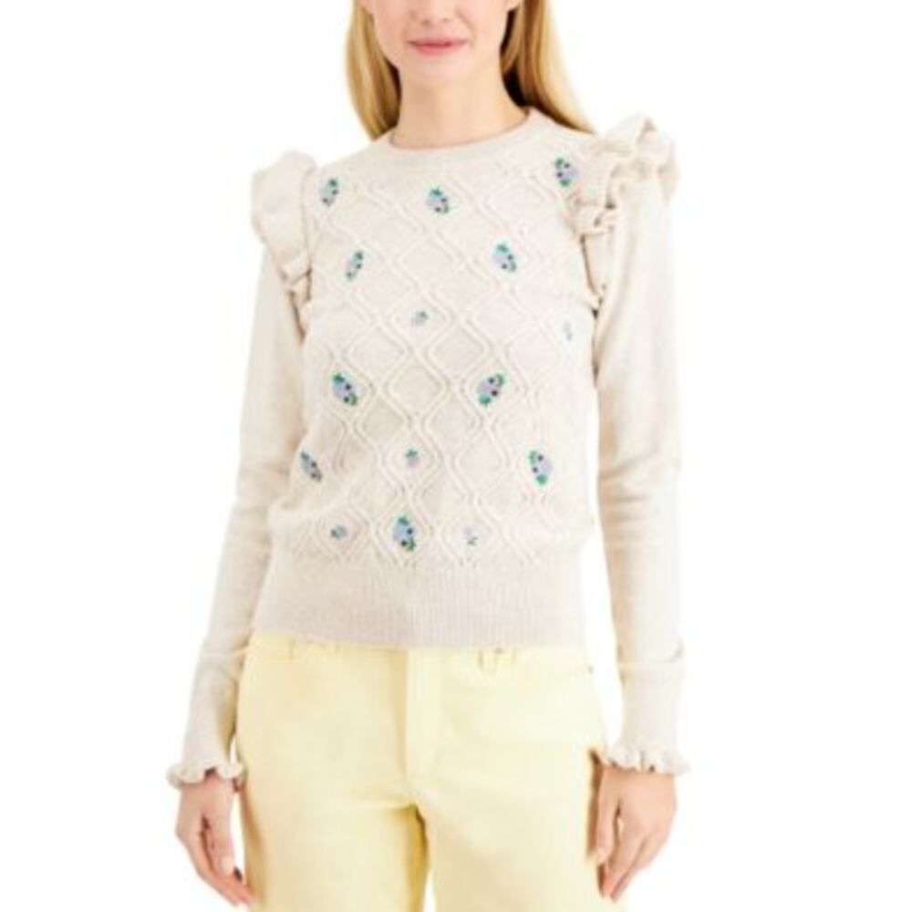 Charter Club Long Sleeve Ruffle Embroidered Floral Sweater Beige Women's Petite